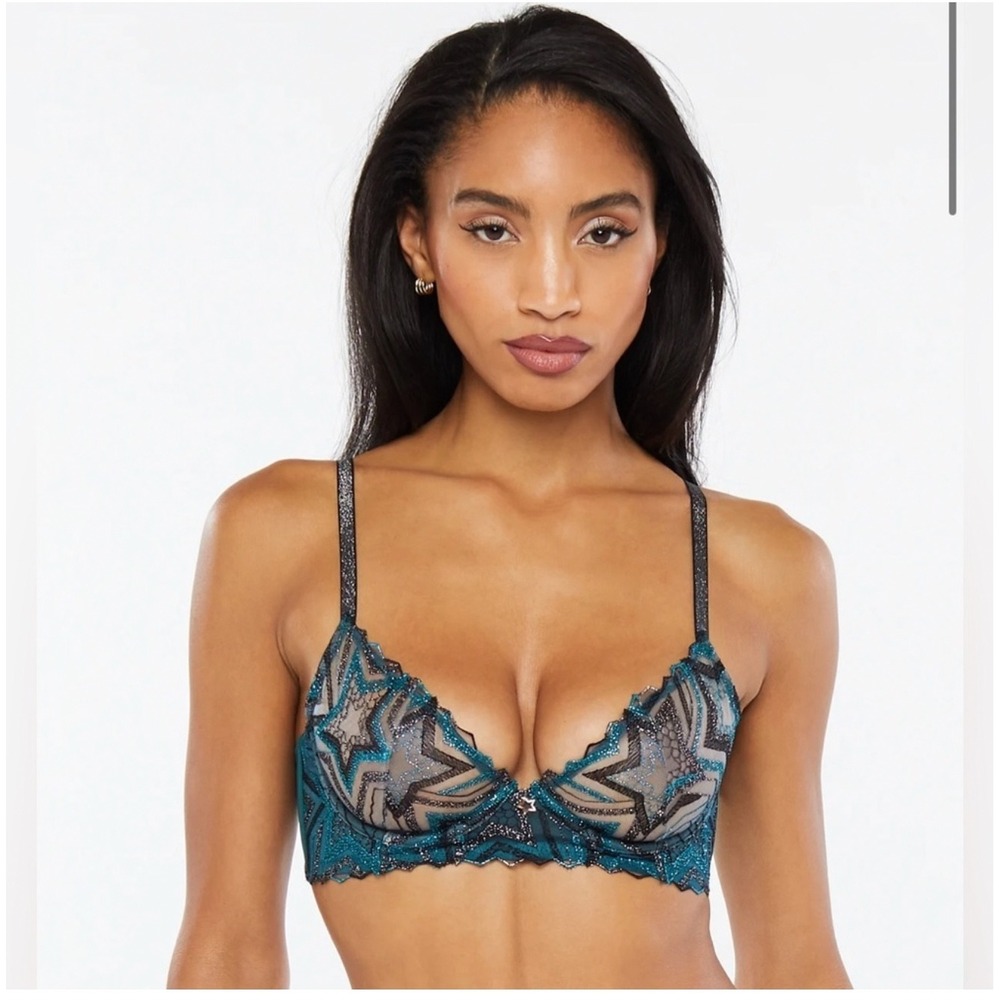 Savage X Fenty Shining Star Starstruck Demi Bra Women 36C Teal Glitter Star NWT
